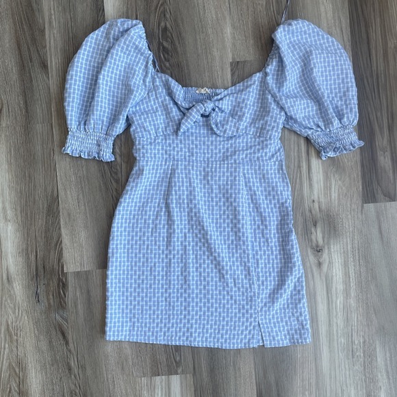 Altar'd State Puff Sleeve Plaid Checkered Mini‎ Dress L Blue Babydoll Tie Front - Picture 1 of 8